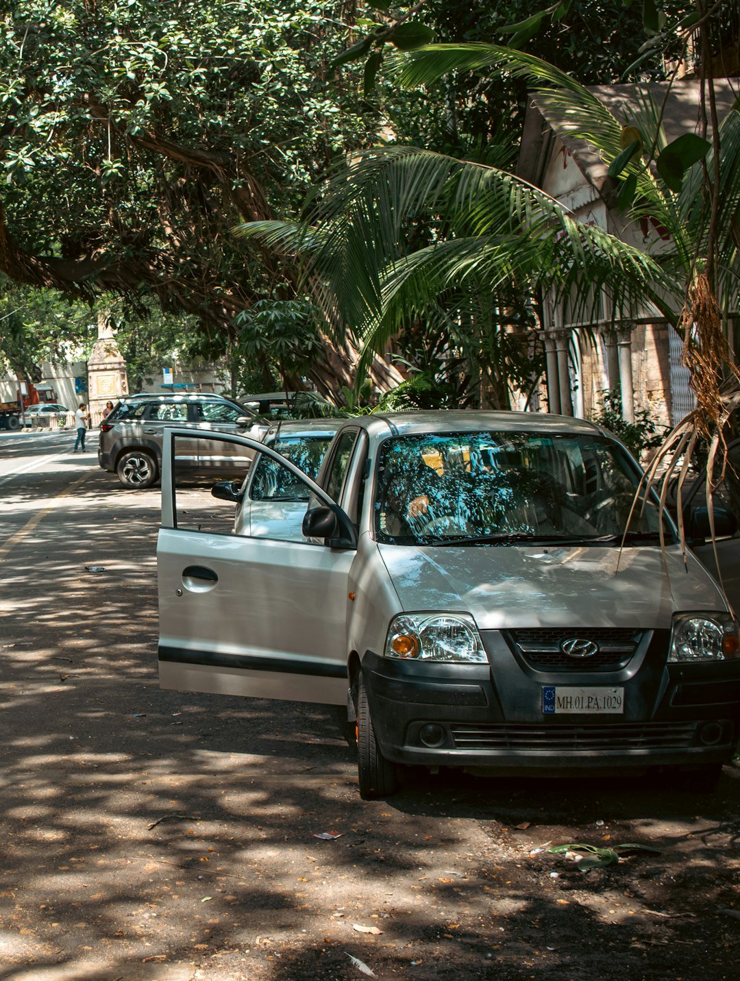 Car parked on a shady street with open doors.