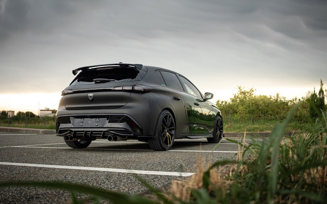 Matte black hatchback car parked on asphalt road.