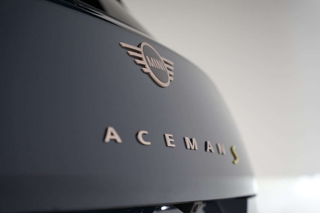 Close up of a mini cooper countryman badge.