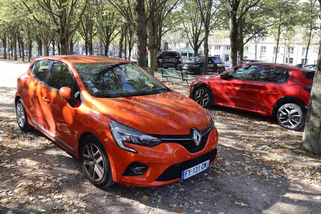 Two cars parked under trees on a sunny day.