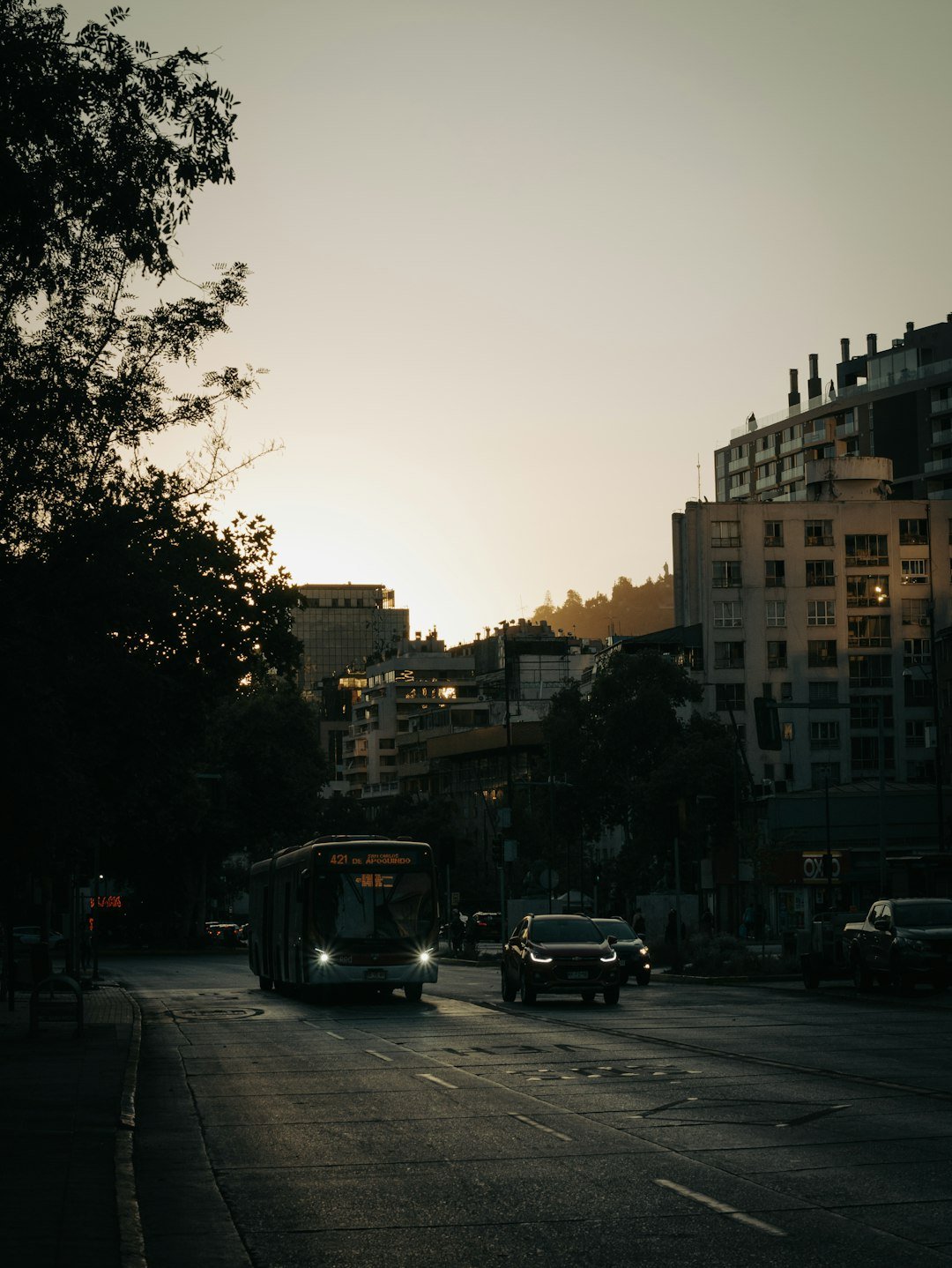 Bus and car on city street at dusk