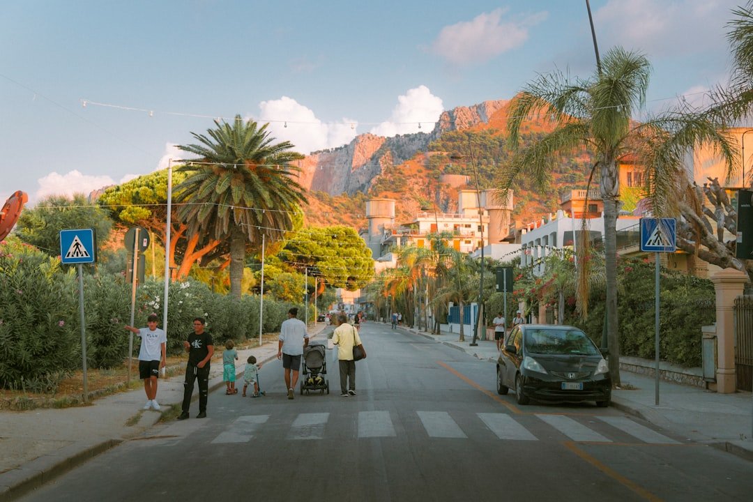 People crossing street with palm trees and mountains.