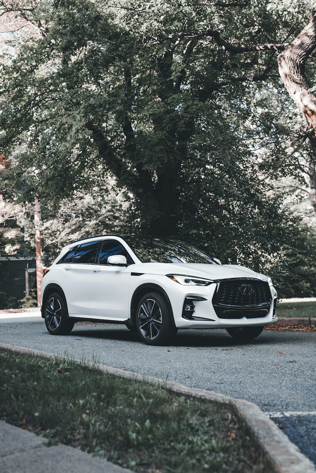 White luxury suv parked on a tree-lined street.