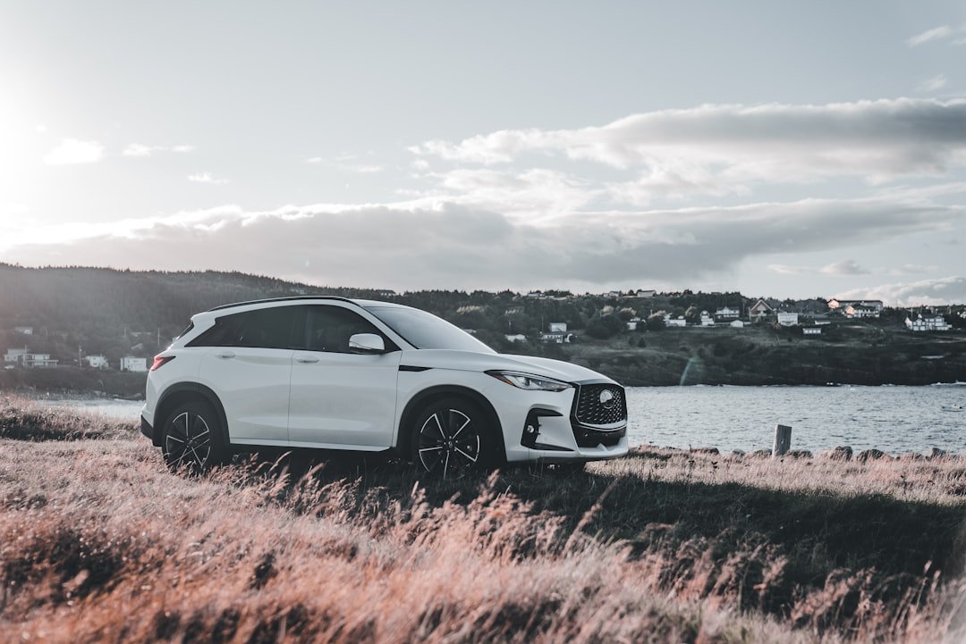 White luxury suv parked by the water