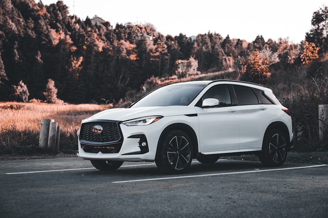 White suv parked in front of autumn trees