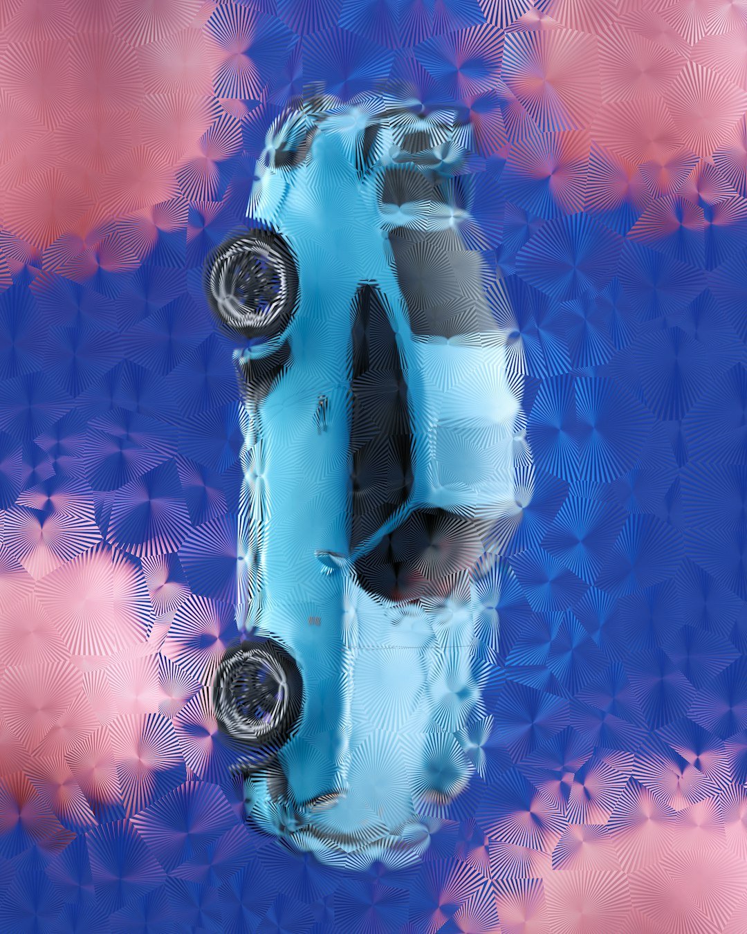 A blue car floats among abstract pink shapes.