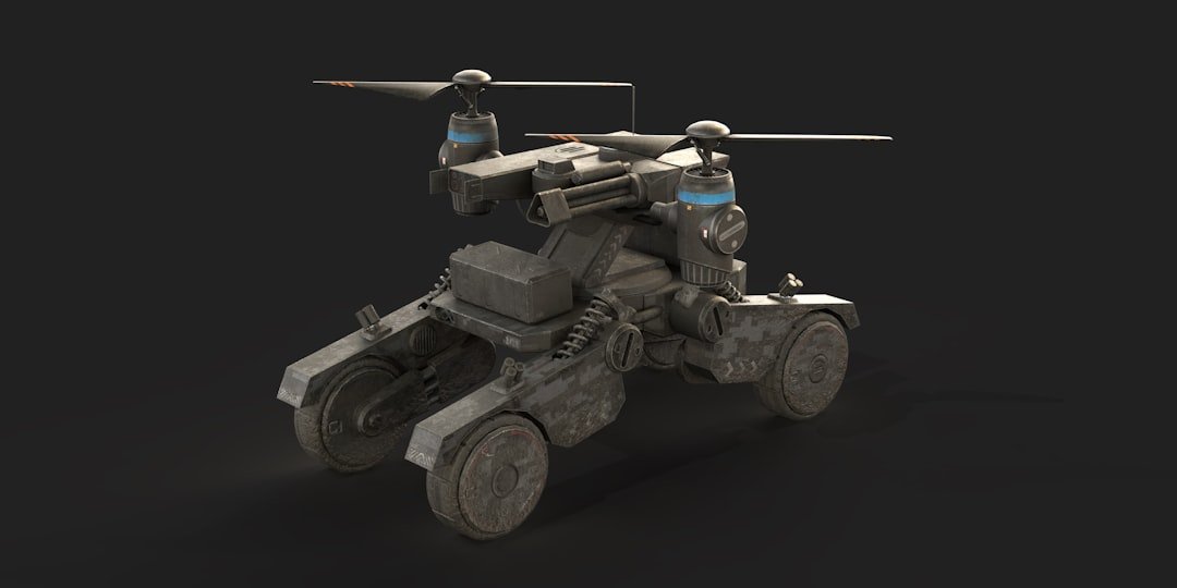 A 3D model of a vehicle with a helicopter on top of it