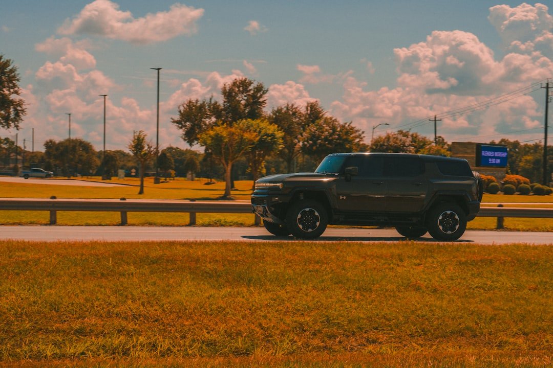 Dark suv drives along a grassy roadside.