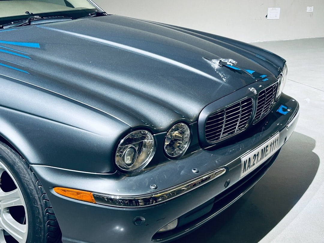 Close-up of a dark grey jaguar car front