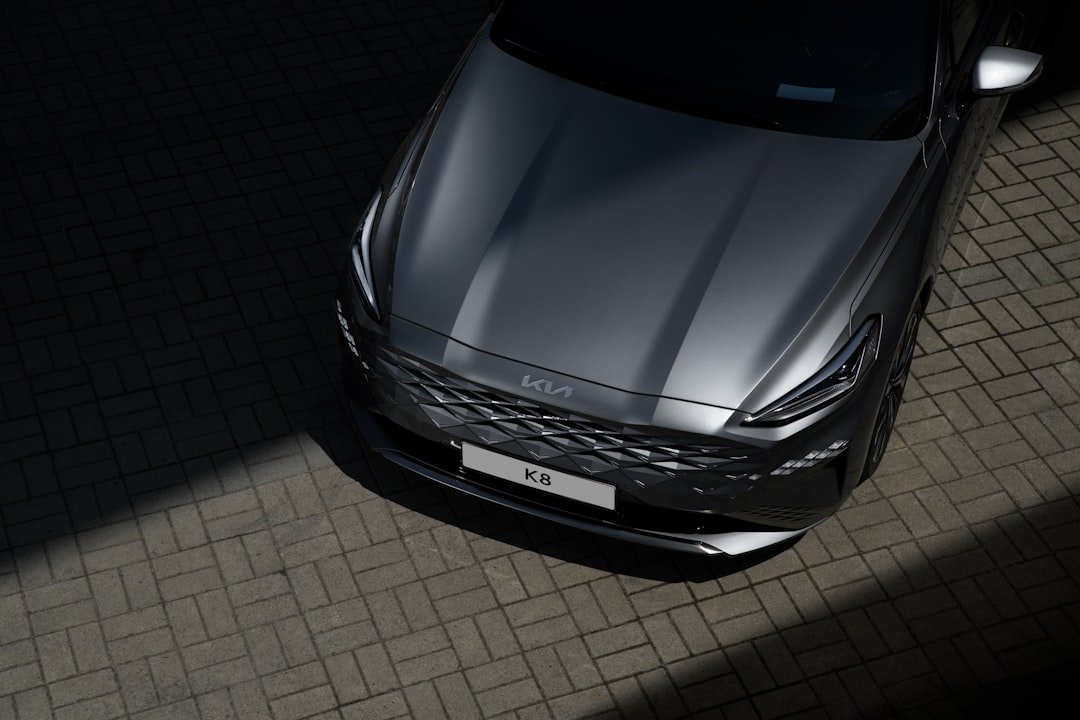 an aerial view of a car parked in a parking lot