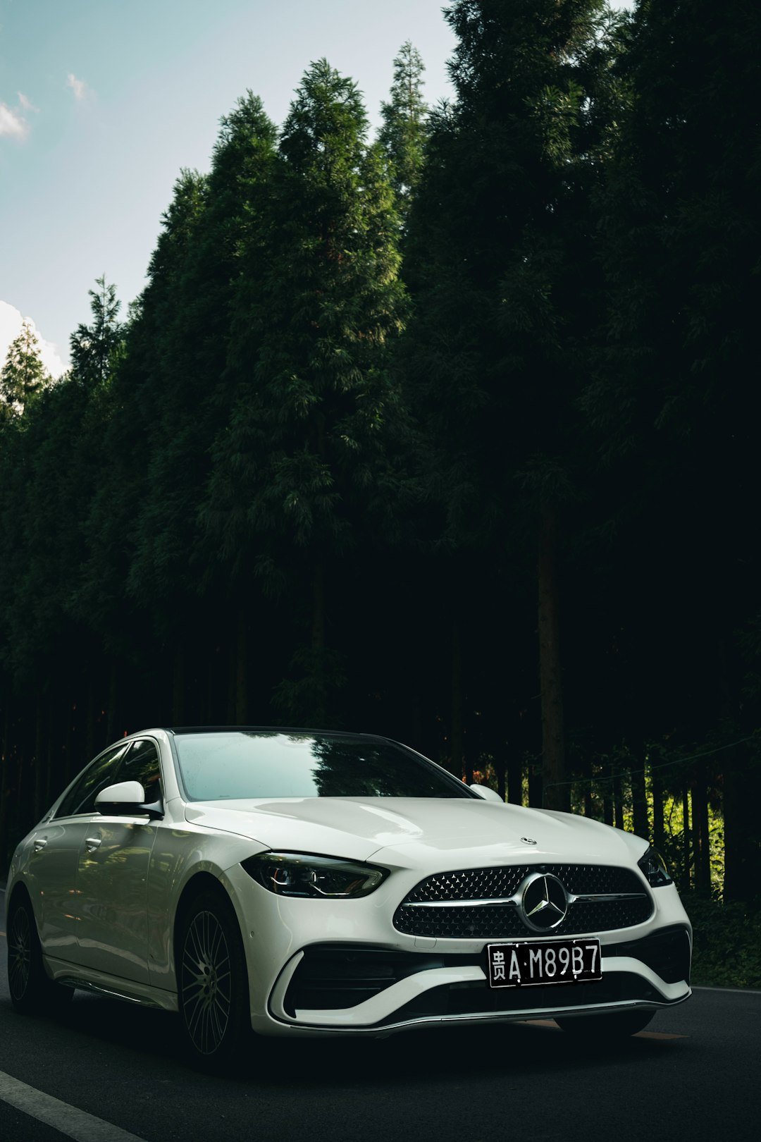 A white car driving down a road next to a forest