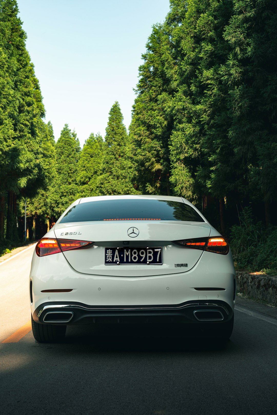 A white car driving down a road surrounded by trees