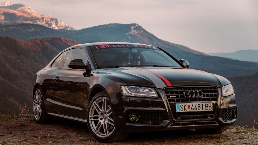 Black audi sports car parked on a mountain overlook.