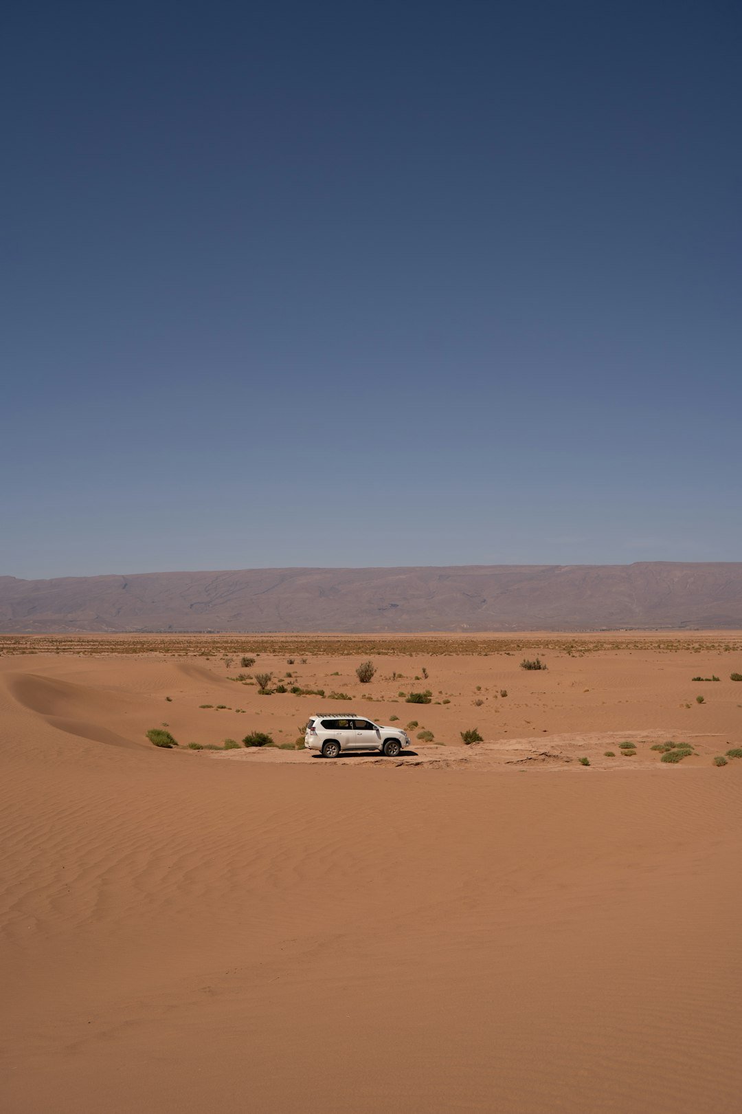 White suv driving on a sandy desert road
