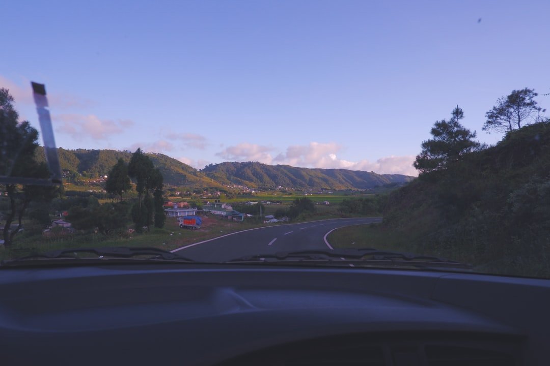 a road with trees and mountains in the background