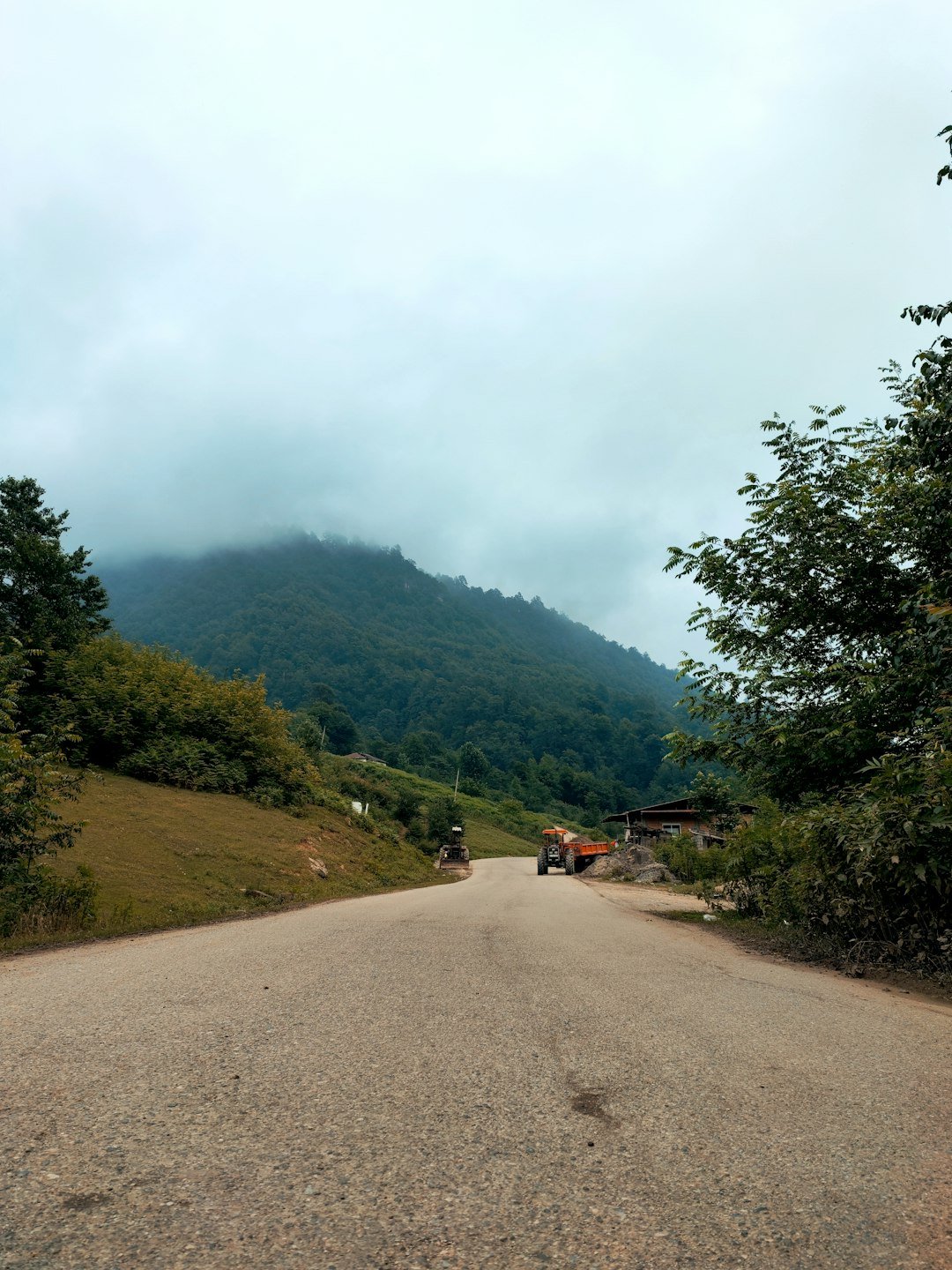 a dirt road with a mountain in the background